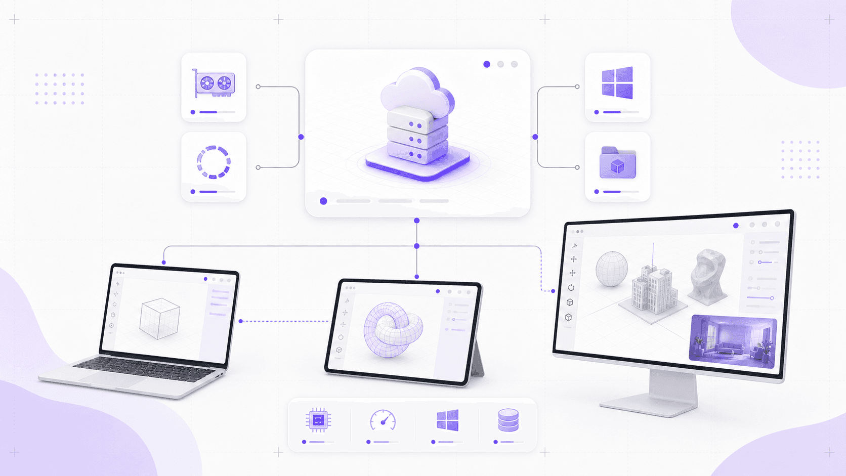 Cloud workstation illustration showing a laptop, tablet, and desktop monitor connected to a central cloud computer for 3D modeling