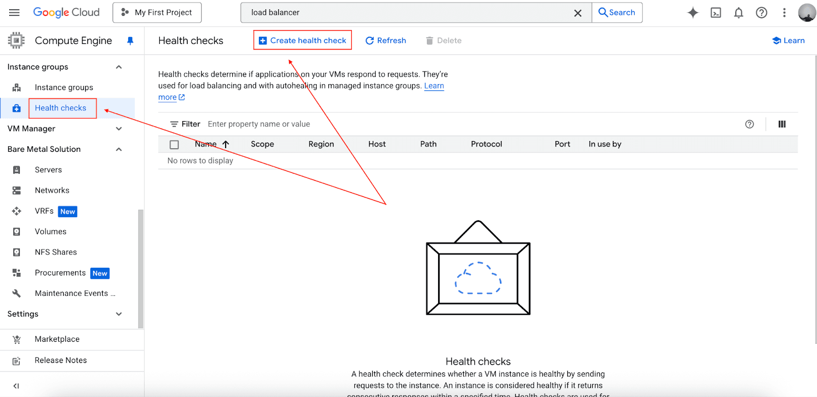 Google Cloud Console health checks configuration screen for instance group load balancing