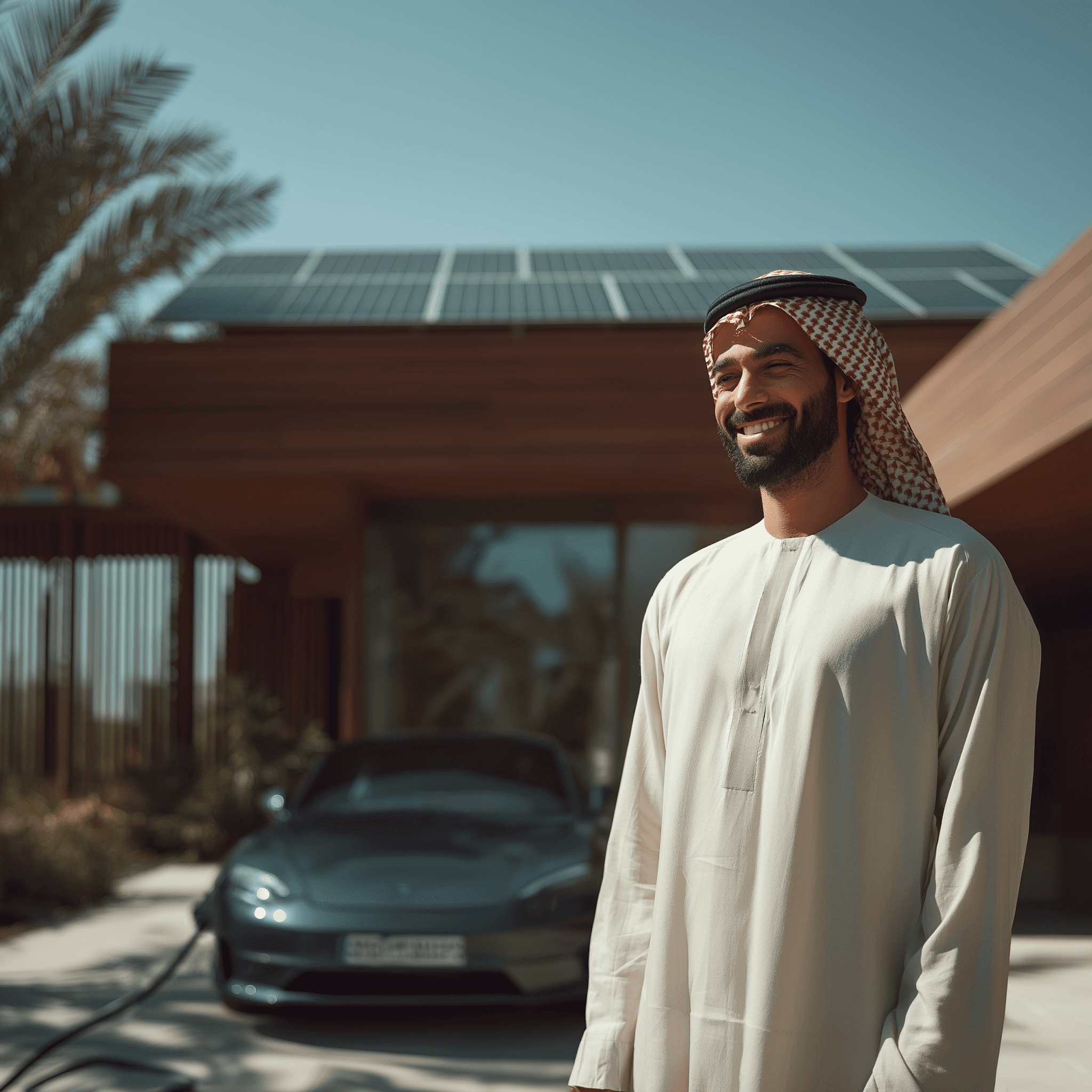 رجل عربي يقف أمام فيلا حديثة مزودة بألواح شمسية وسيارة كهربائية، يرمز إلى الاستثمار المربح والمستدام في الطاقة النظيفة.