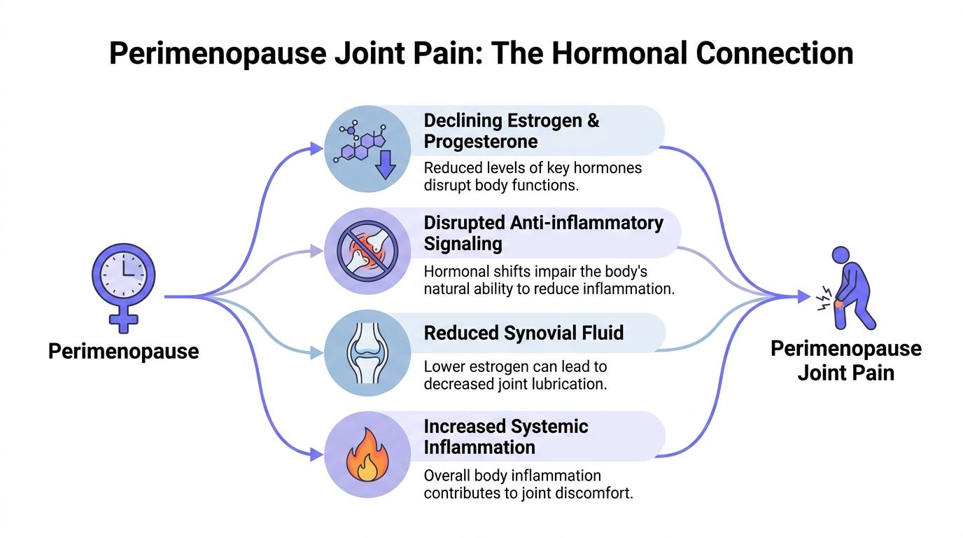 A diagram explaining the hormonal connection between perimenopause and the development of chronic joint pain symptoms.