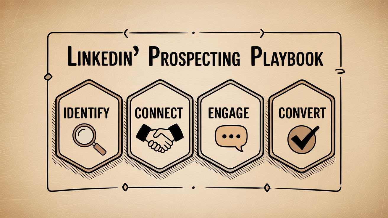 LinkedIn prospecting playbook showing four-phase engagement strategy