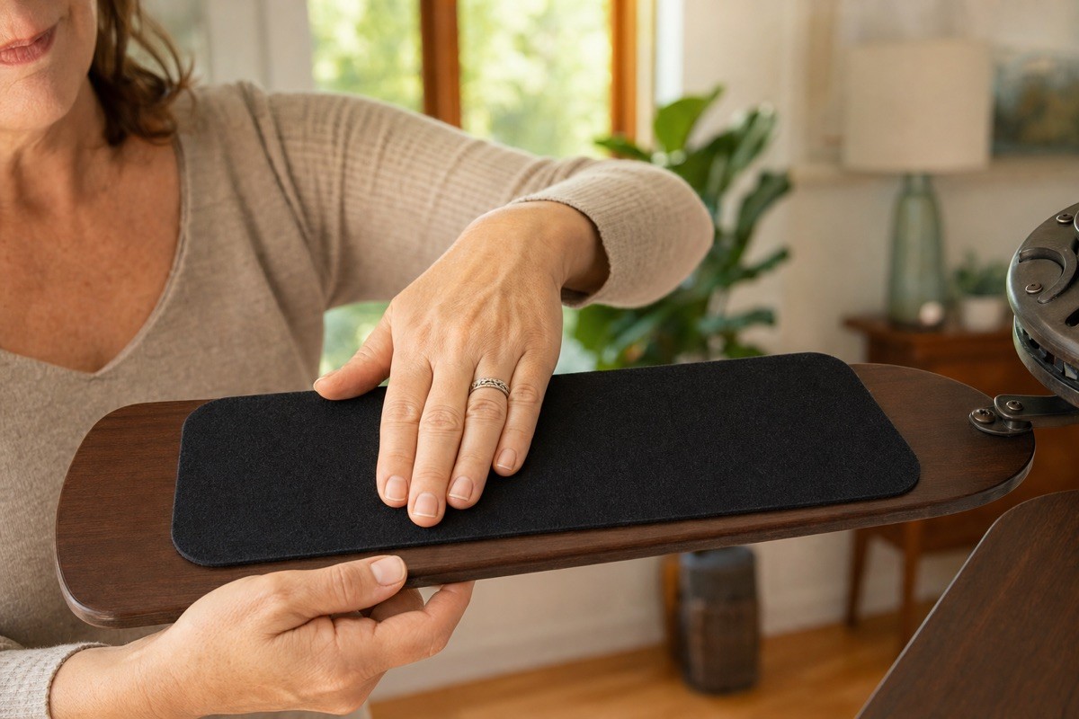 A hand pressing a large jet-black carbon pad flat onto the top of a ceiling fan blade
