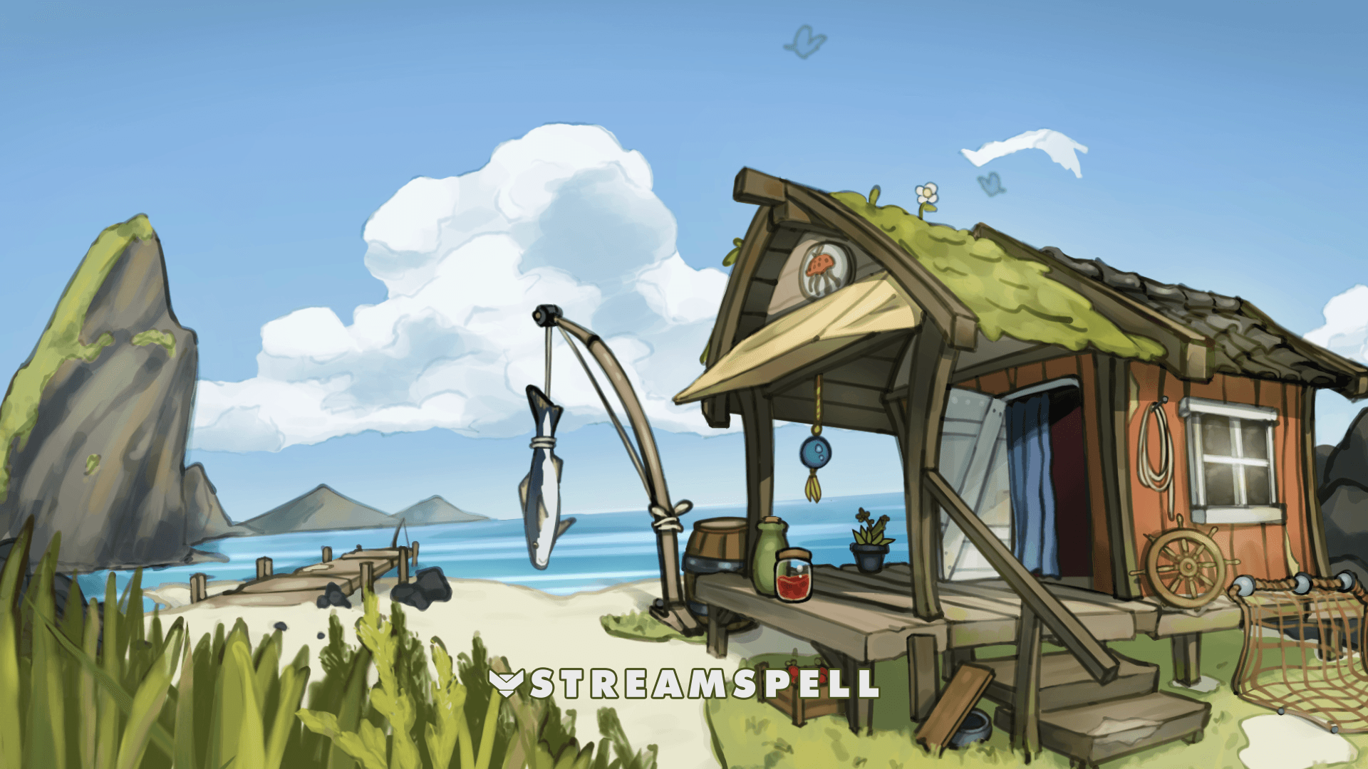 Illustrated Strawberry Seaking coastal stream scene with a seaside shelter, fishing gear and the Mareth shoreline