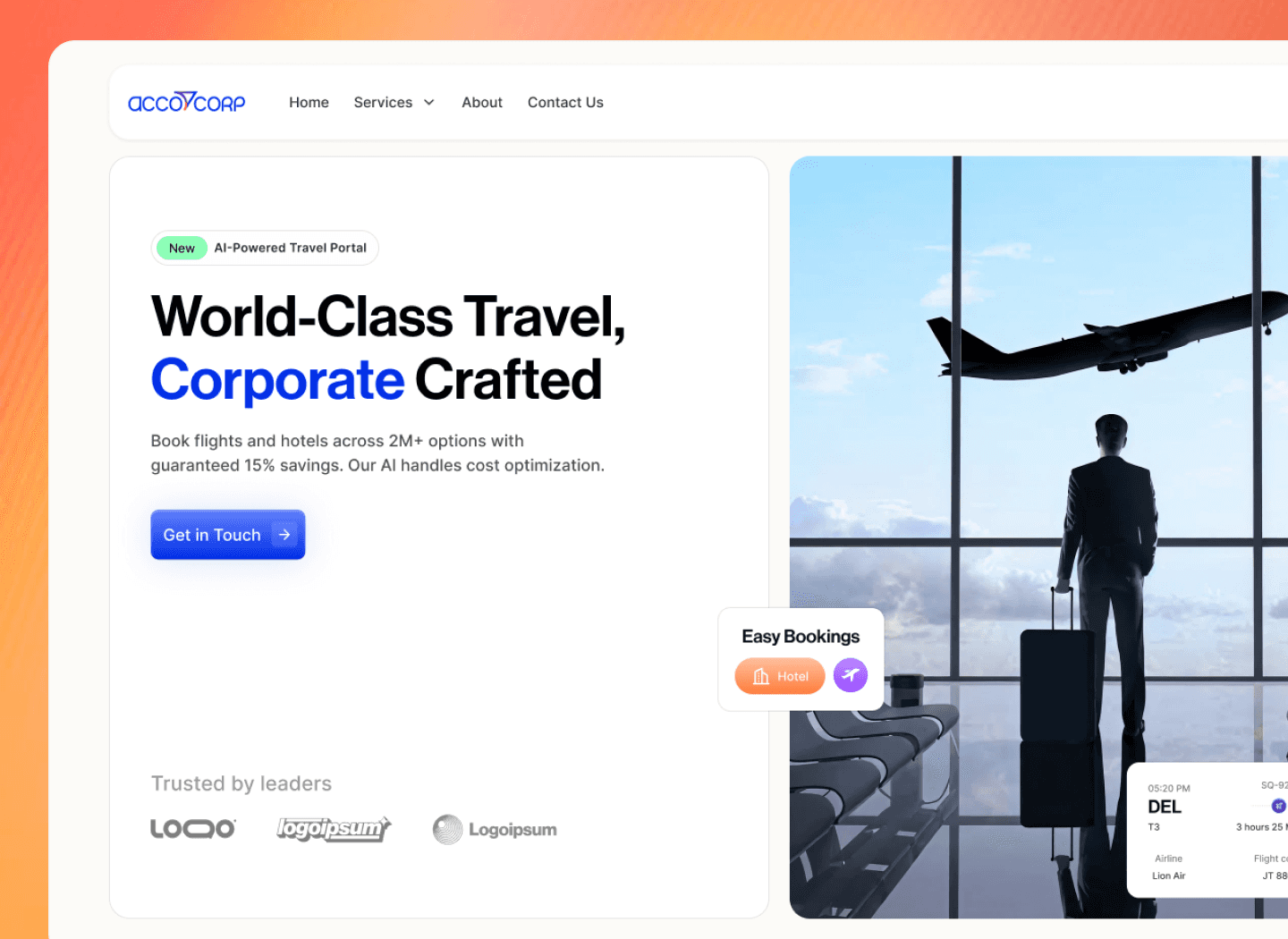 A business traveler with a suitcase gazes out a large airport window as a plane takes off, symbolizing seamless corporate travel and easy bookings, with an adjacent web interface highlighting travel services and contact options.