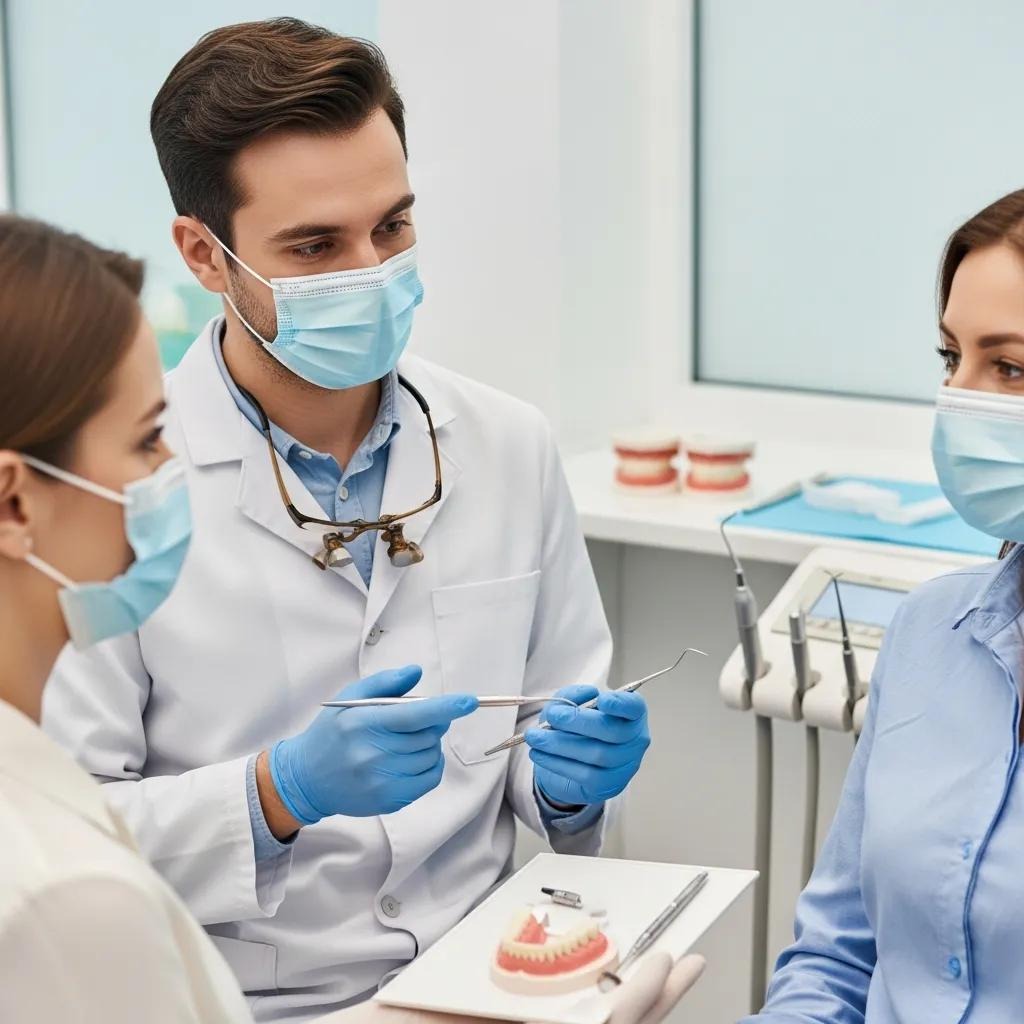 Dentist explaining dental implant procedure to a patient in a clinical setting