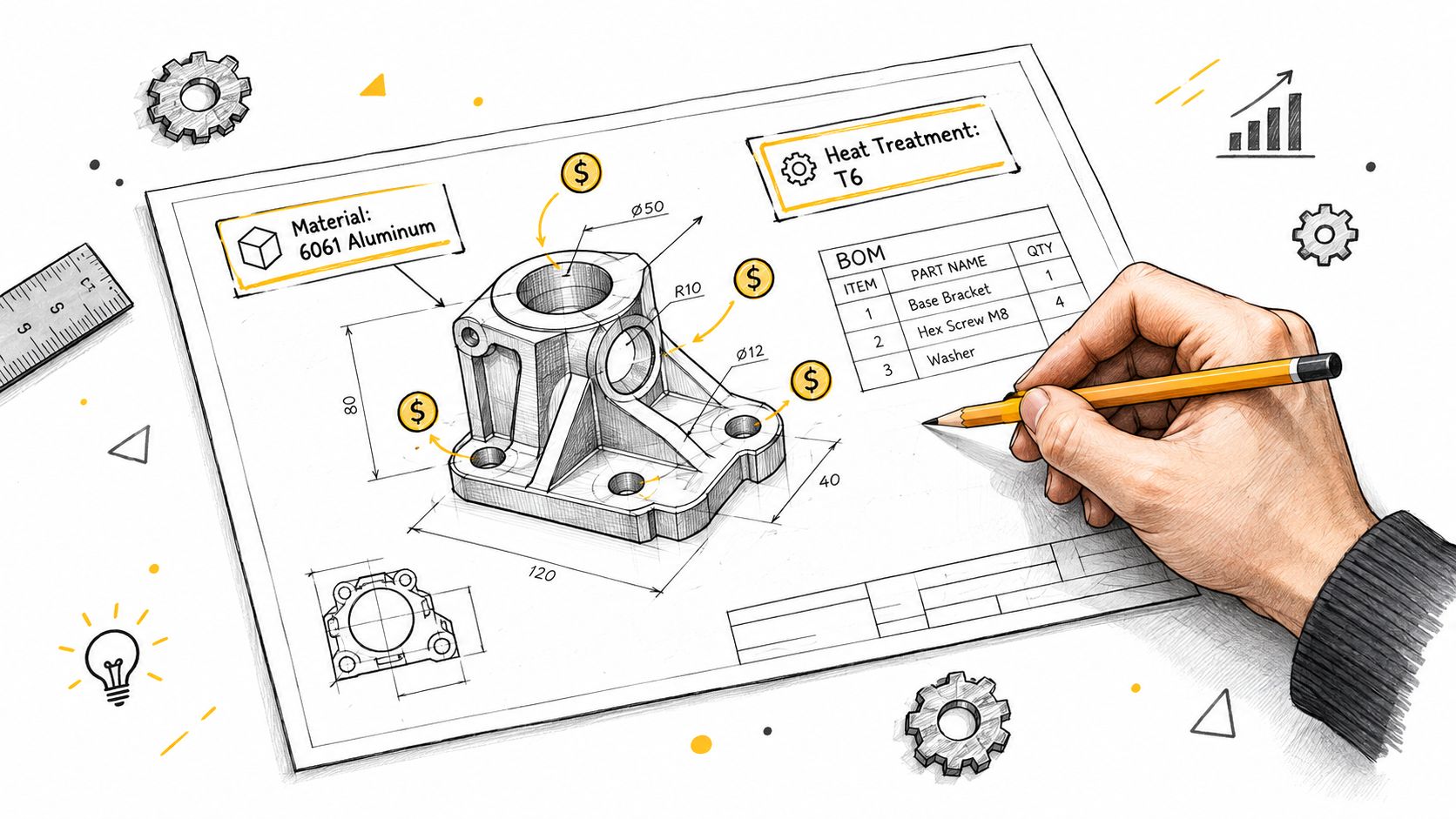 A hand sketches a 3D mechanical drawing of a machine part on drafting paper with manufacturing details.