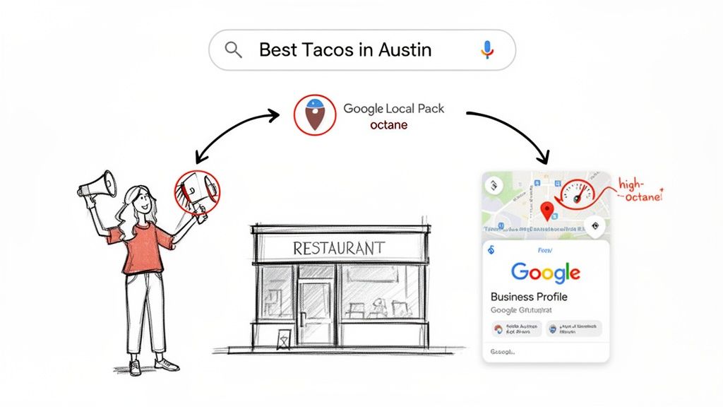 Diagram illustrating restaurant marketing leading to high-octane Google Local Pack and Business Profile visibility.