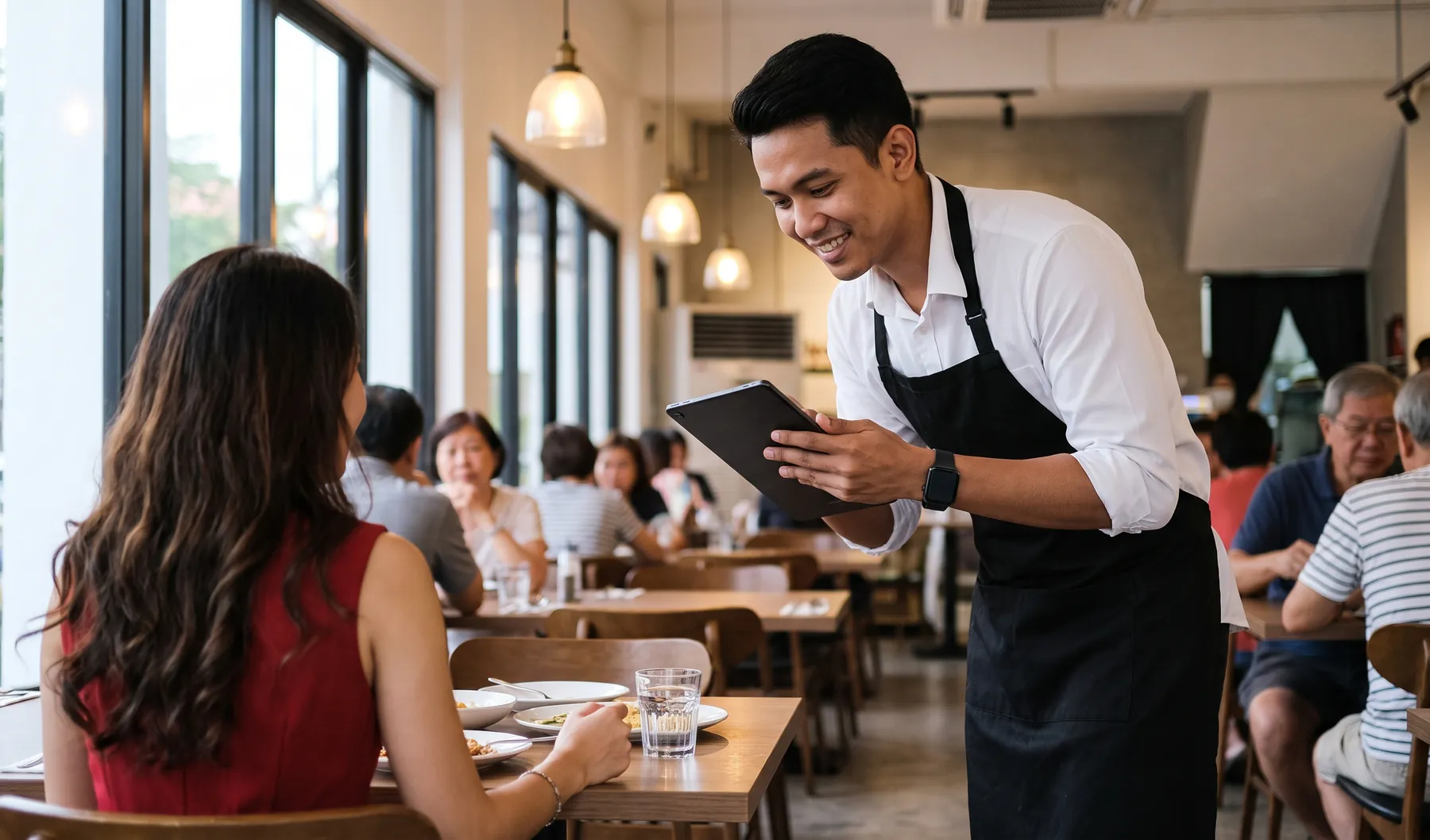Restaurant owner using the StoreHub cloud POS system for dine-in, takeaway, and order management.
