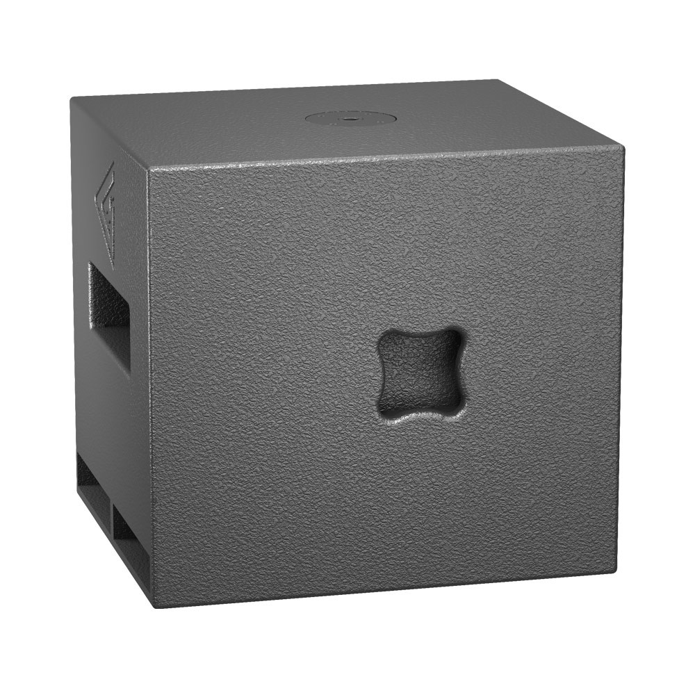 Dark gray cubic subwoofer with visible vent and handle cutout.
