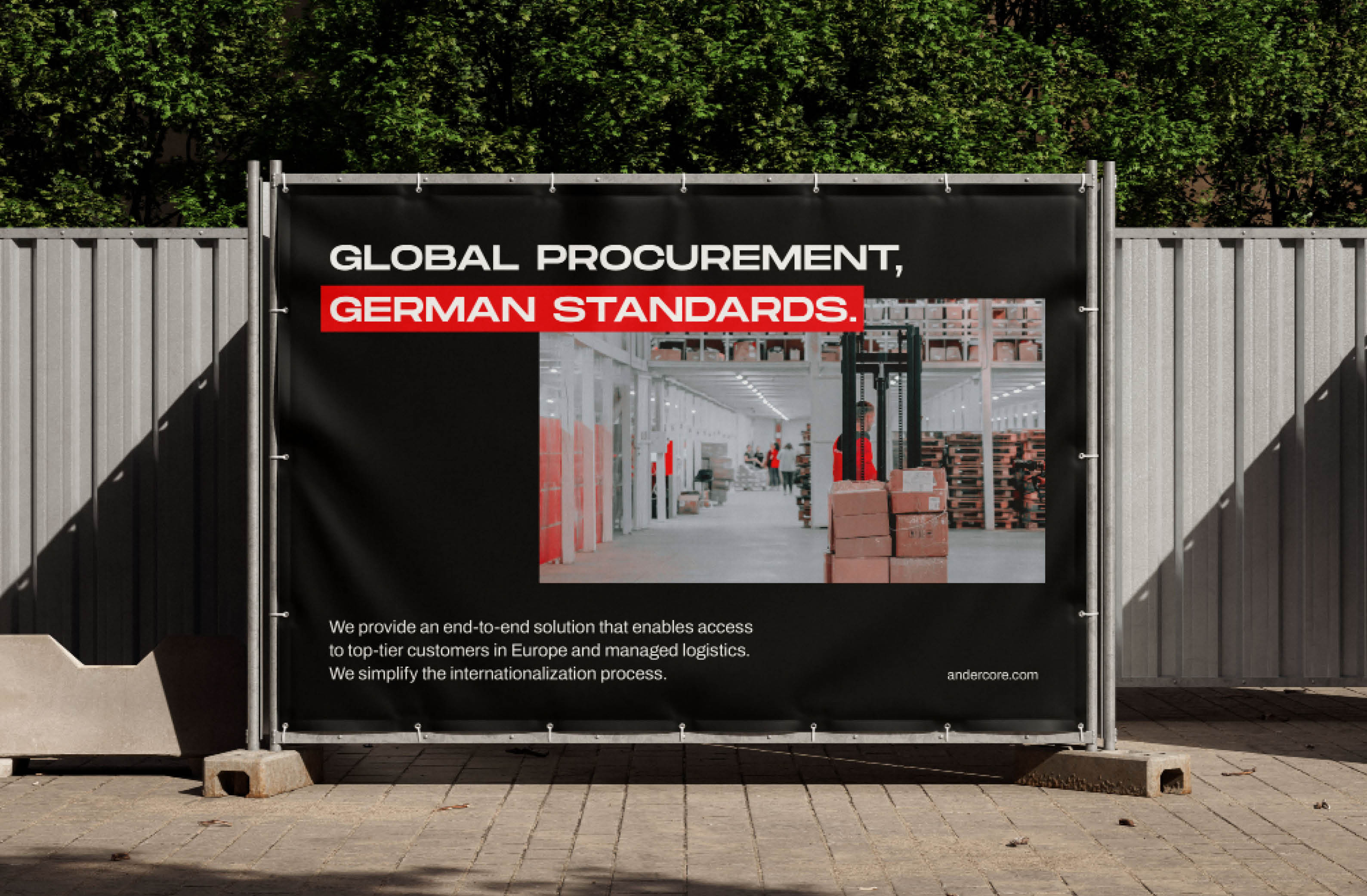 Banner promoting global procurement services based on German standards, showcasing efficient logistics operations.