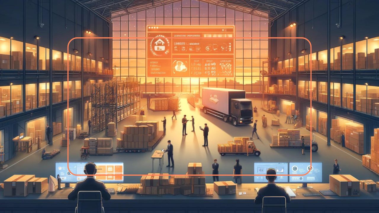 Smart warehouse with workers, trucks, and digital logistics dashboards at sunset