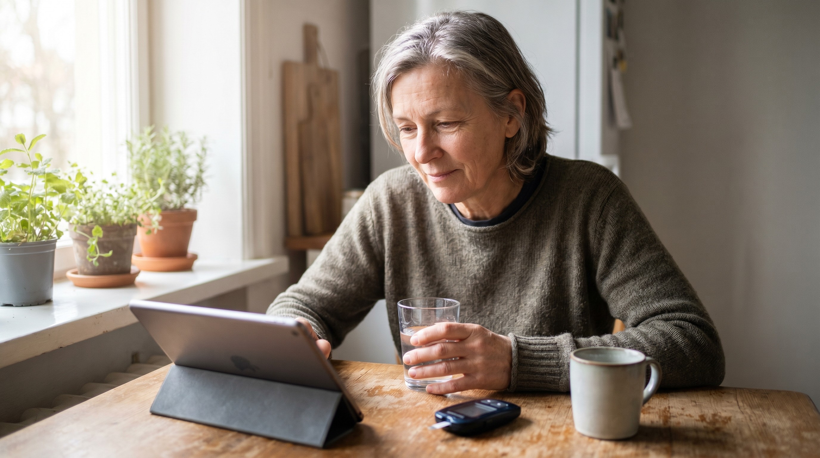 Older adult at a sunlit kitchen table with water glass and glucose meter nearby