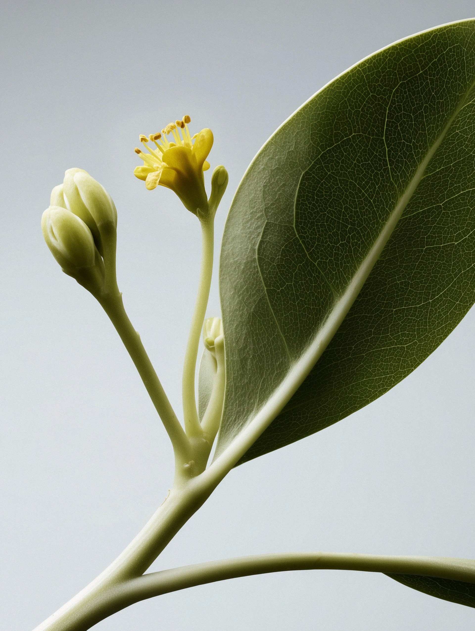 Lemon blossom branch with a green leaf on a light background.