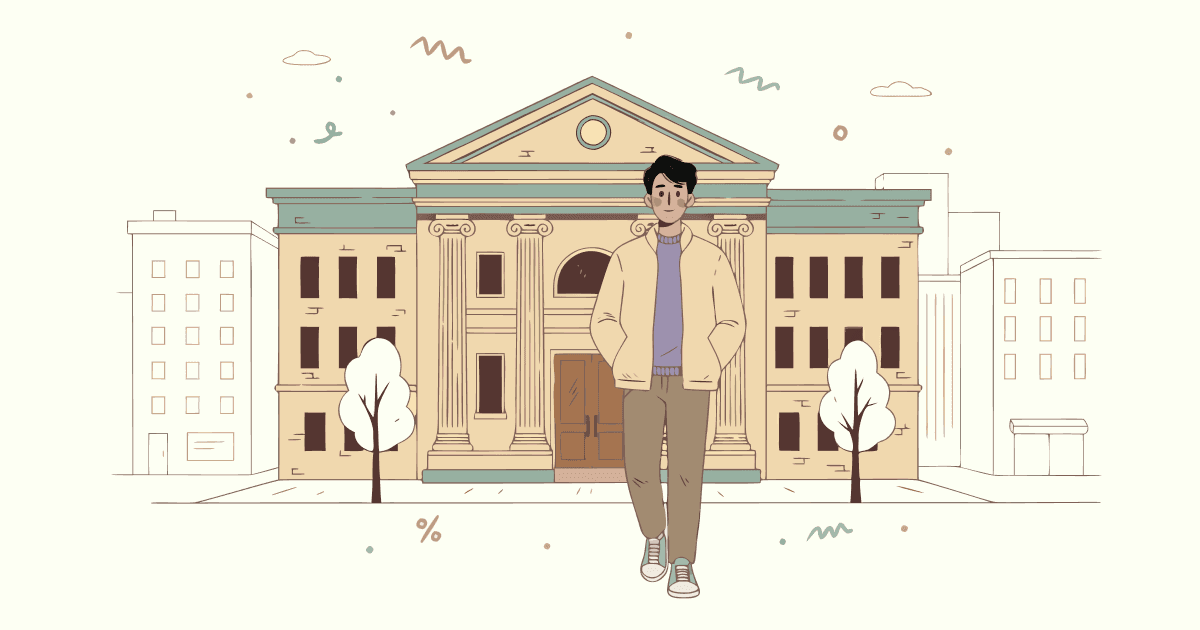 Illustrated young man walking confidently away from a classical bank building with columns, hands in pockets, calm and assured expression, facing toward the viewer. City street with building outlines on either side, white trees flanking the bank entrance. Warm cream background with coral and teal hand-drawn doodle marks scattered around. Flat painterly style, variable linework.