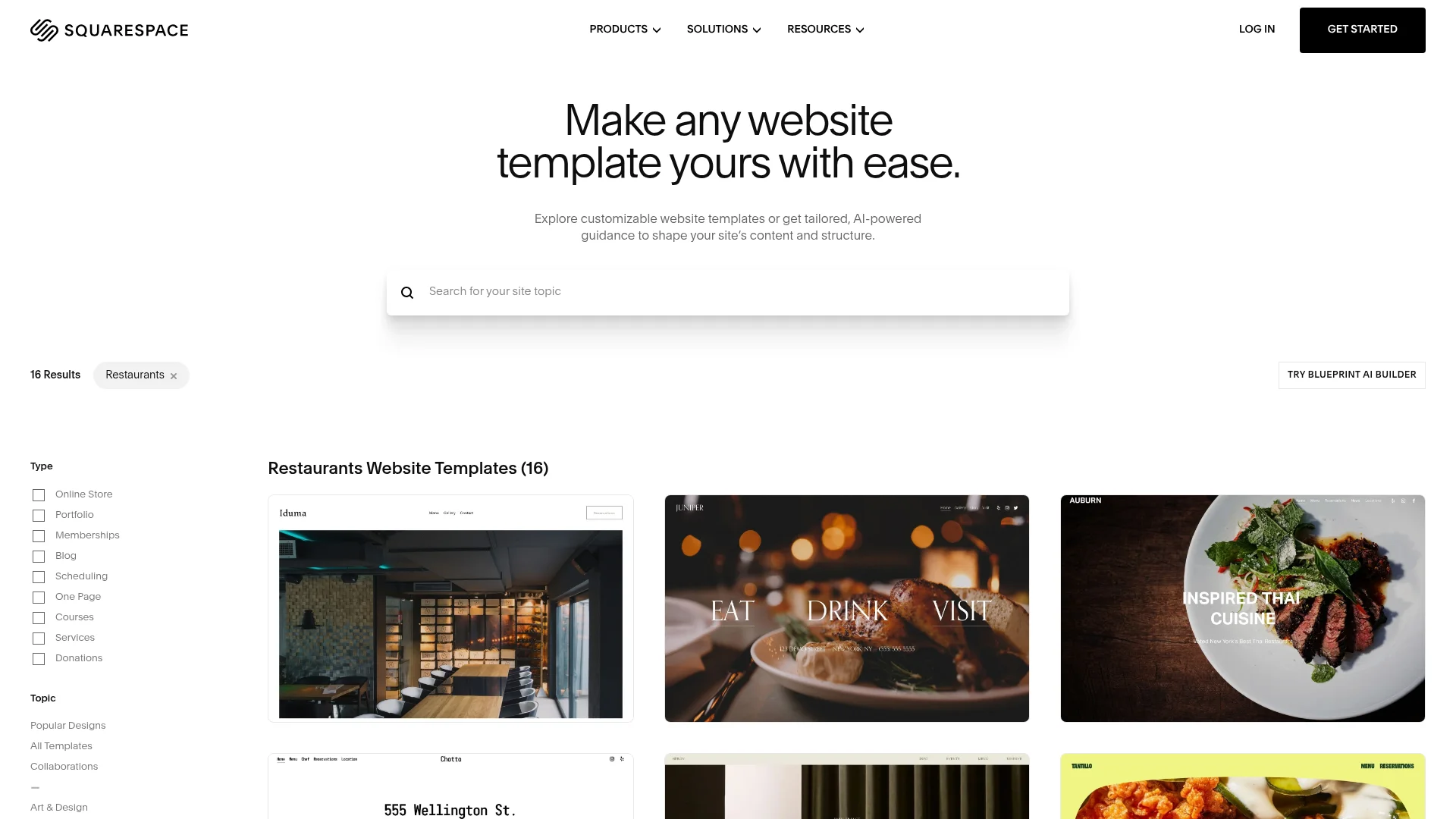 Squarespace restaurant website templates gallery showing 16 restaurant designs