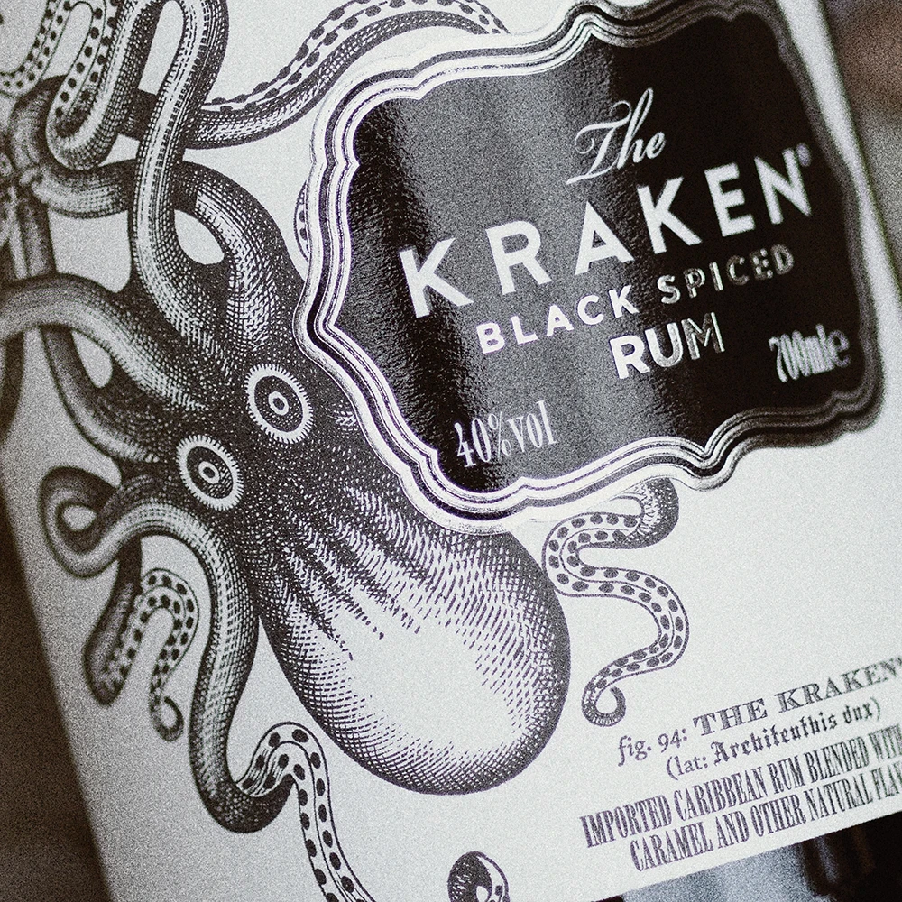 Close up of Kraken rum bottle label