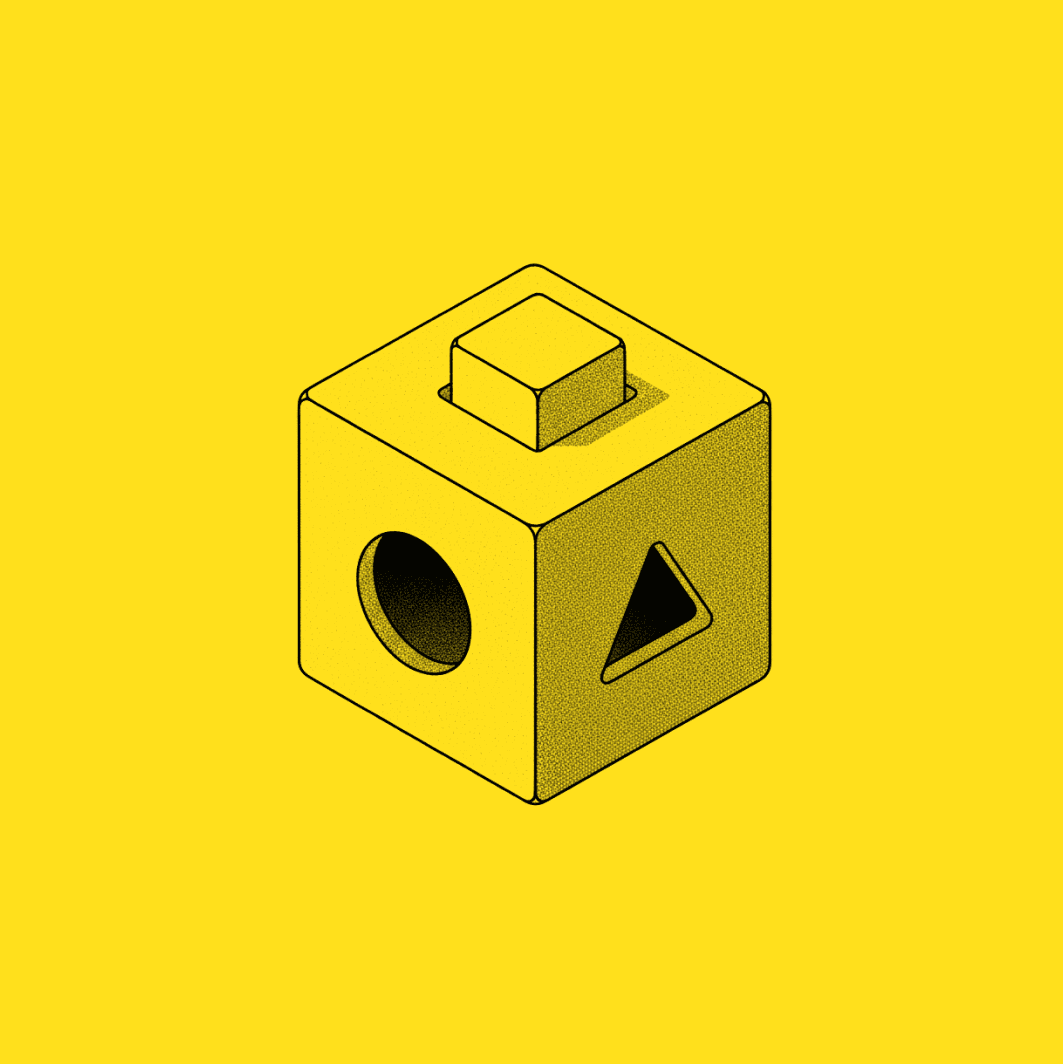 Graphic of a cube with geometric shaped holes