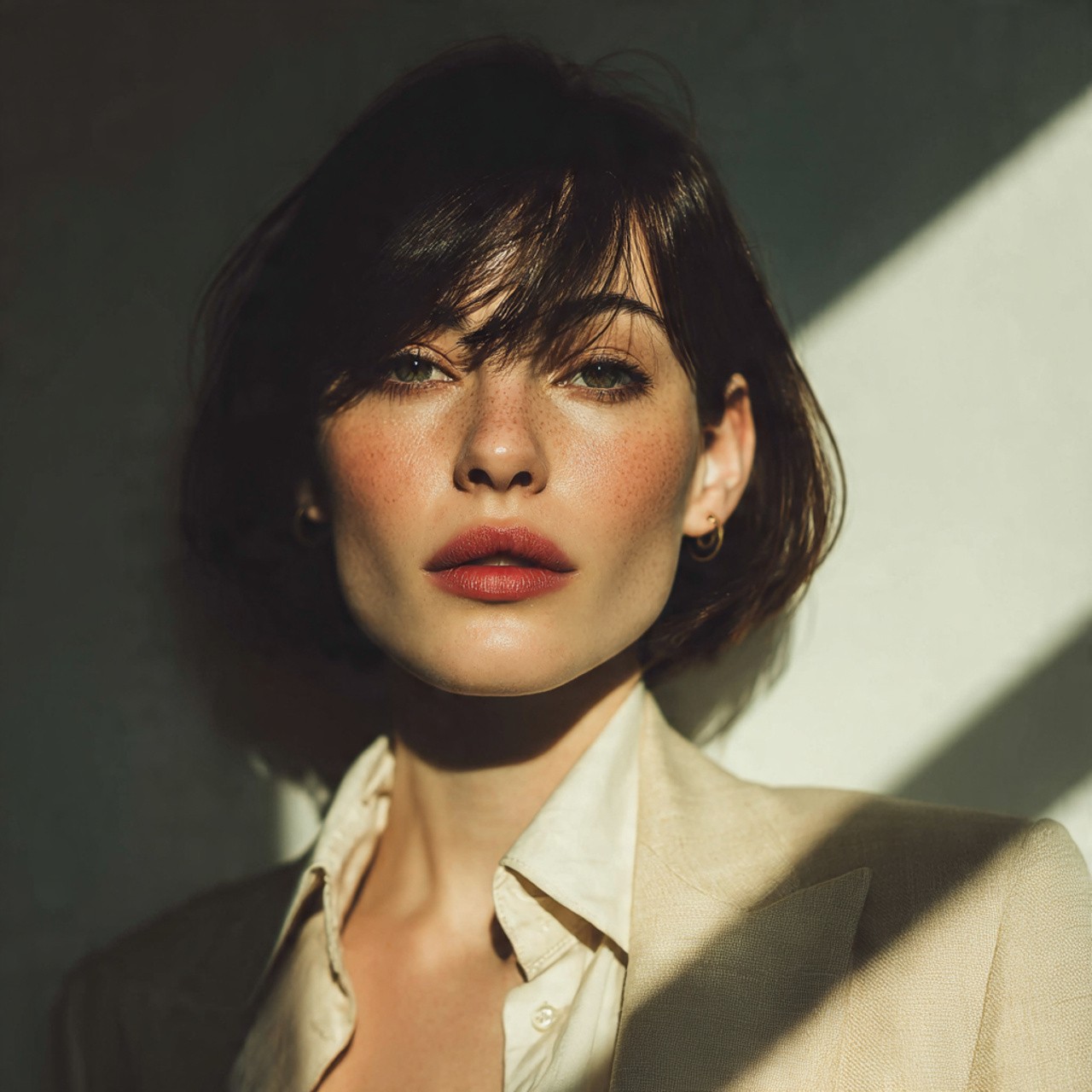 Young woman with curly hair in a white outfit sitting on a couch in dim indoor light.