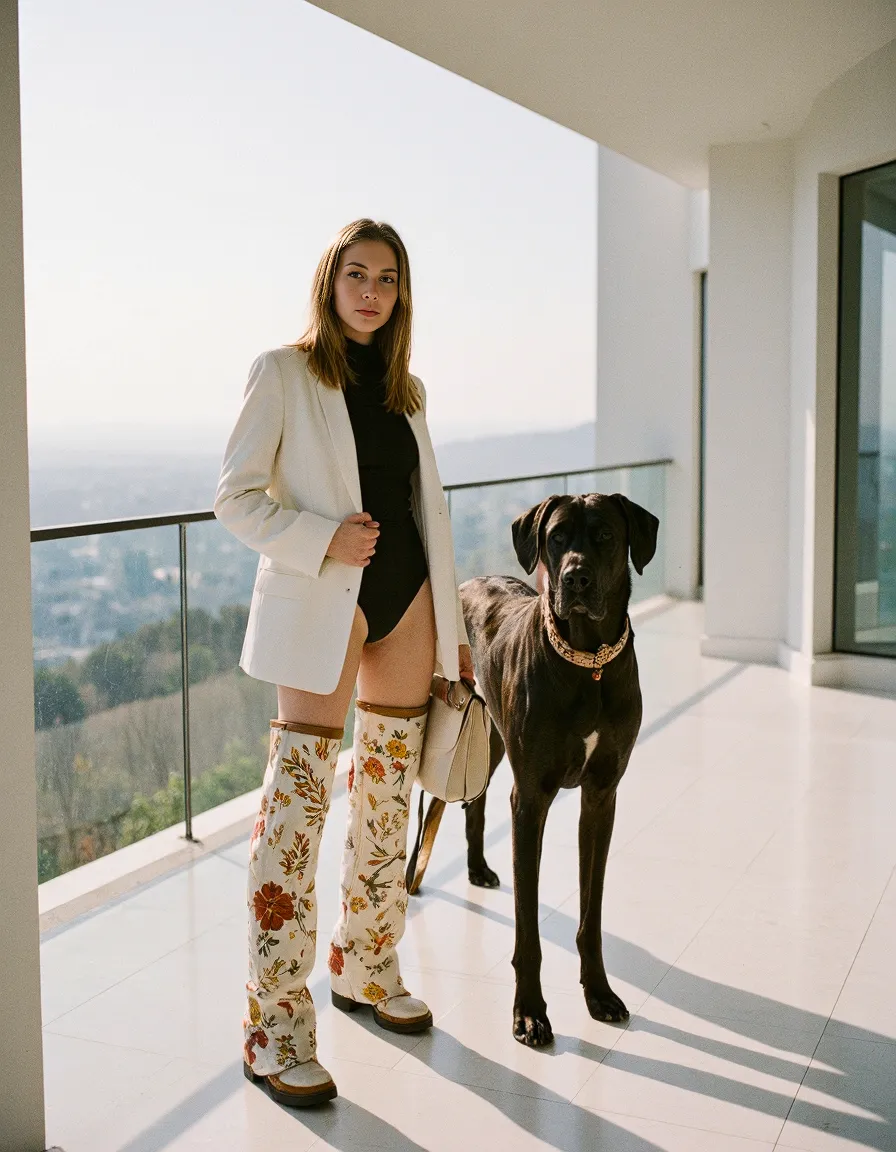 Stylish fashion editorial featuring black bodysuit, white blazer, floral boots and a large black dog on modern balcony with city view