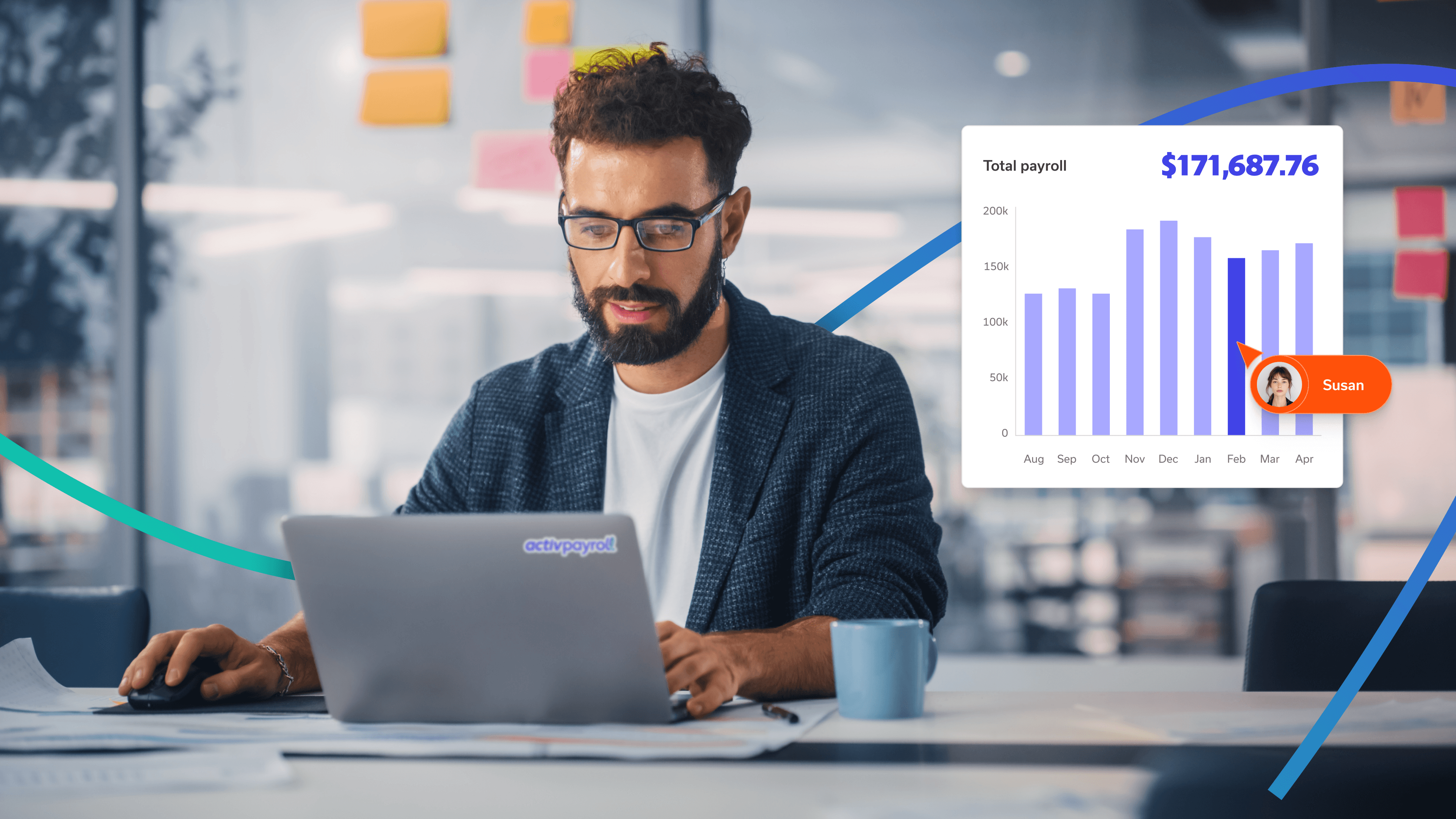 Man using payroll software dashboard with graph showing total payroll and team member insights