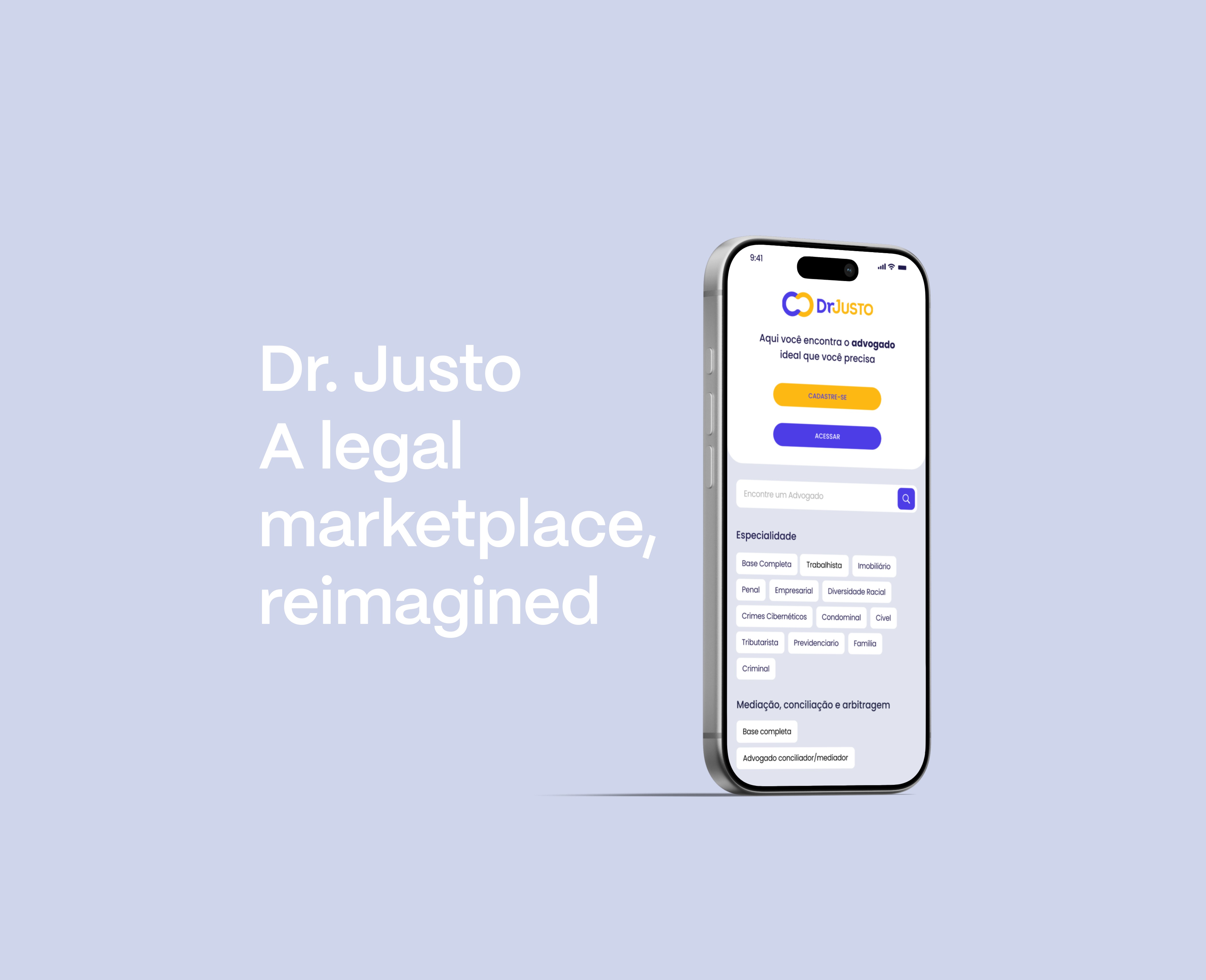 Legal marketplace web app interface showing lawyer search by specialty in Dr. Justo UX and product design case study.