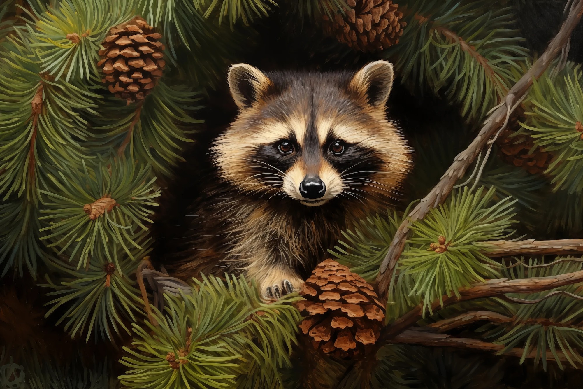 Folk Fable AI raccoon in pine tree painting print