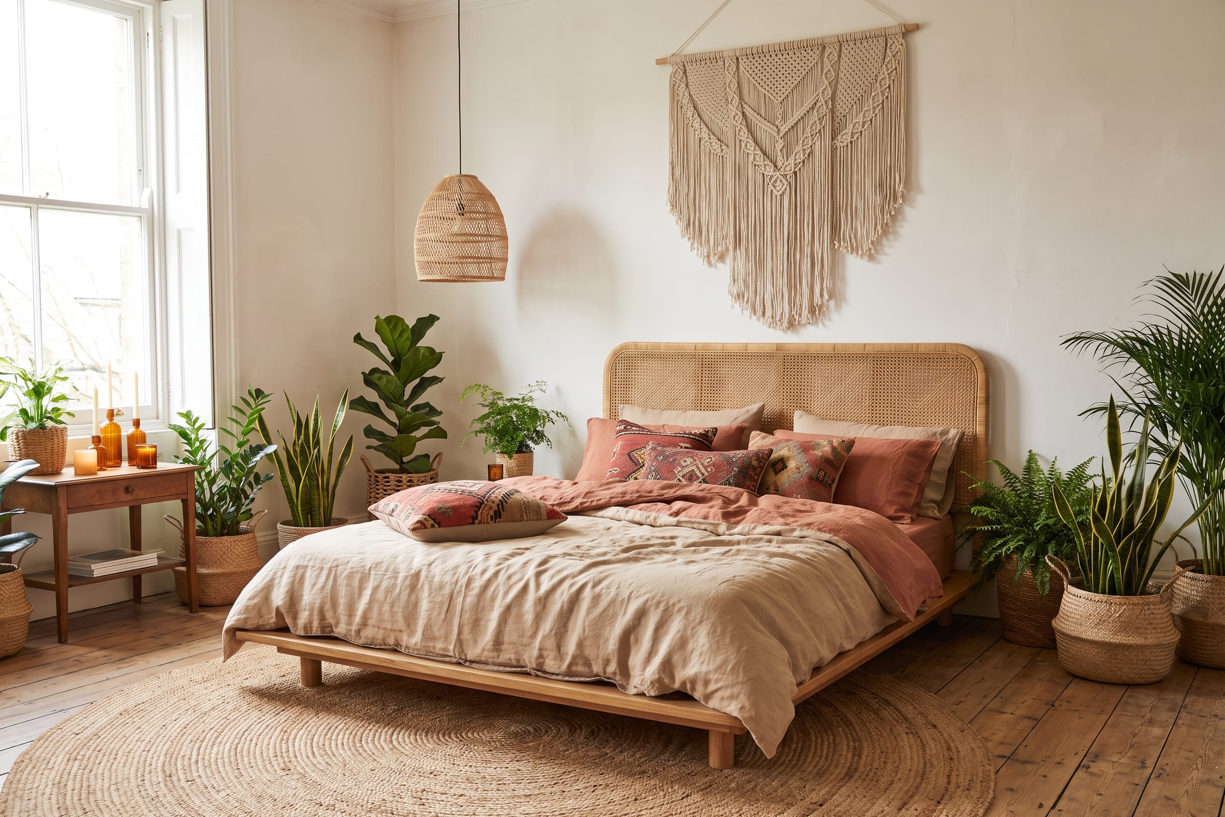 Boho-Schlafzimmer mit Rattan-Kopfteil, Kissen in Rost und Rosé, Makramee an der Wand, vielen Pflanzen und rundem Juteteppich