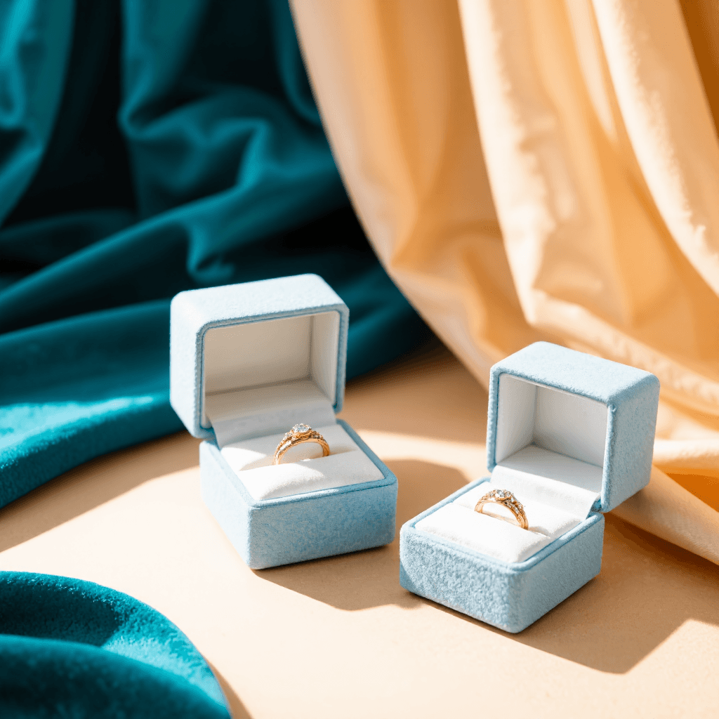 product photography of a pair of jewelry boxes containing rings