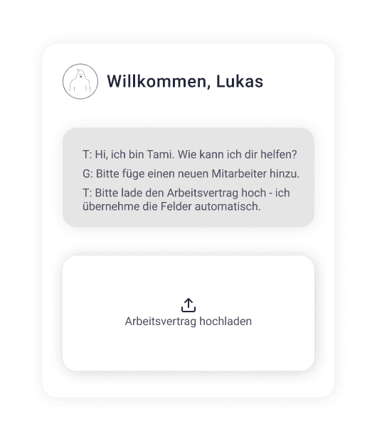 KI-Assistent "Tami" begleitet den Onboarding-Prozess: Chatbot-Dialog zum Anlegen eines neuen Mitarbeiters mit automatischer Felderkennung beim Hochladen des Arbeitsvertrags