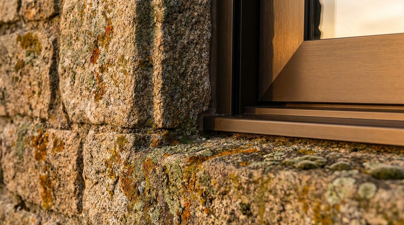 A close-up architectural detail showing the sharp contrast between a rough, weathered 19th-century stone wall and a sleek brushed bronze window frame.