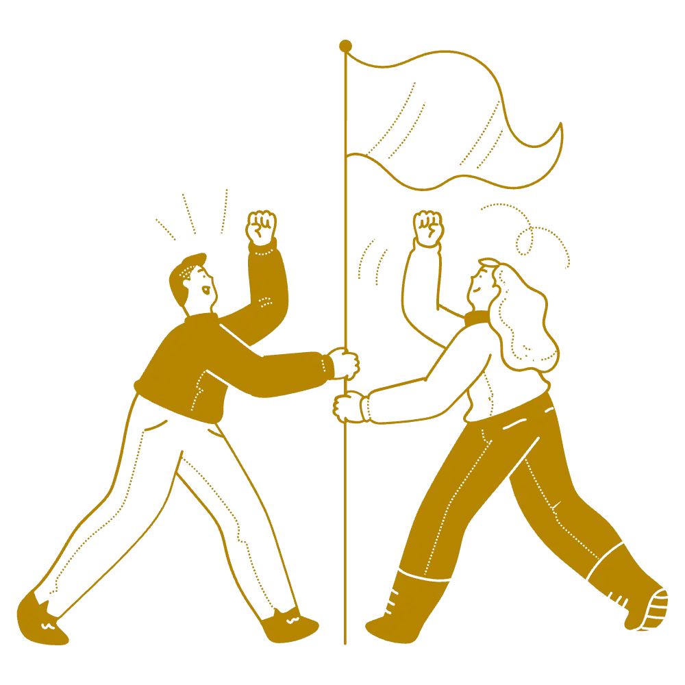 Illustration of two people raising a flag together representing shared goals and leading the pack