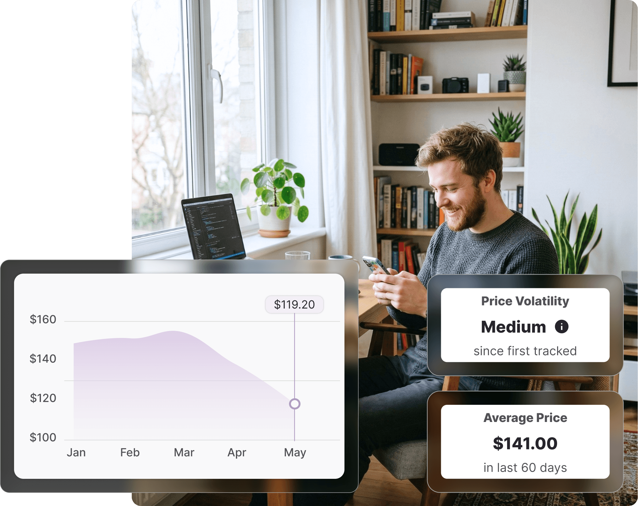 Man at a home desk smiling at his phone, with a laptop on a stand, keyboard, and tech accessories visible, checking Harvey Norman price history on Whisprice, with a price chart showing a drop to $119.20 overlaid on the left.