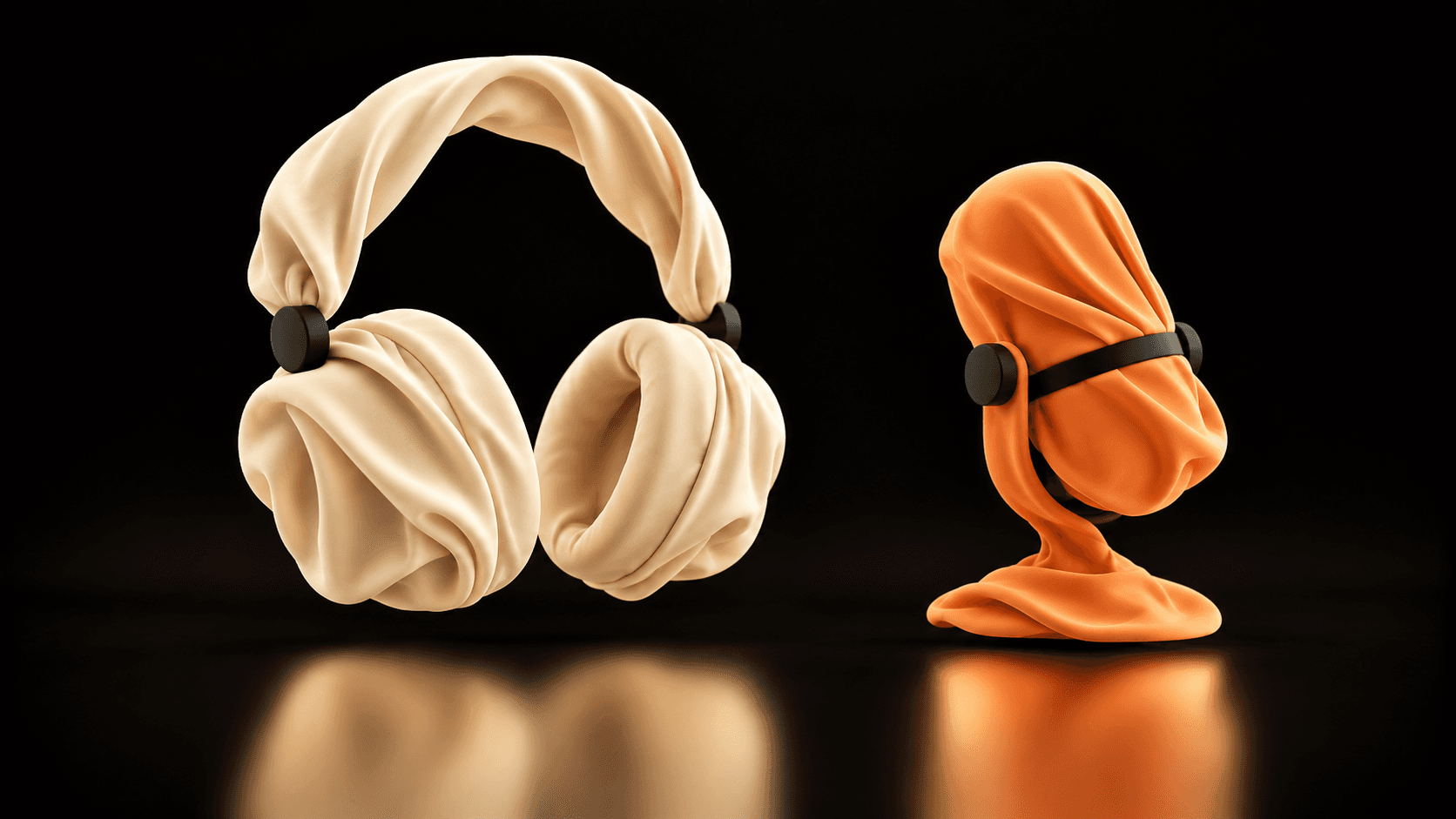 Cream cloth headphones beside a separate apricot cloth microphone, illustrating isolated listening and capture.
