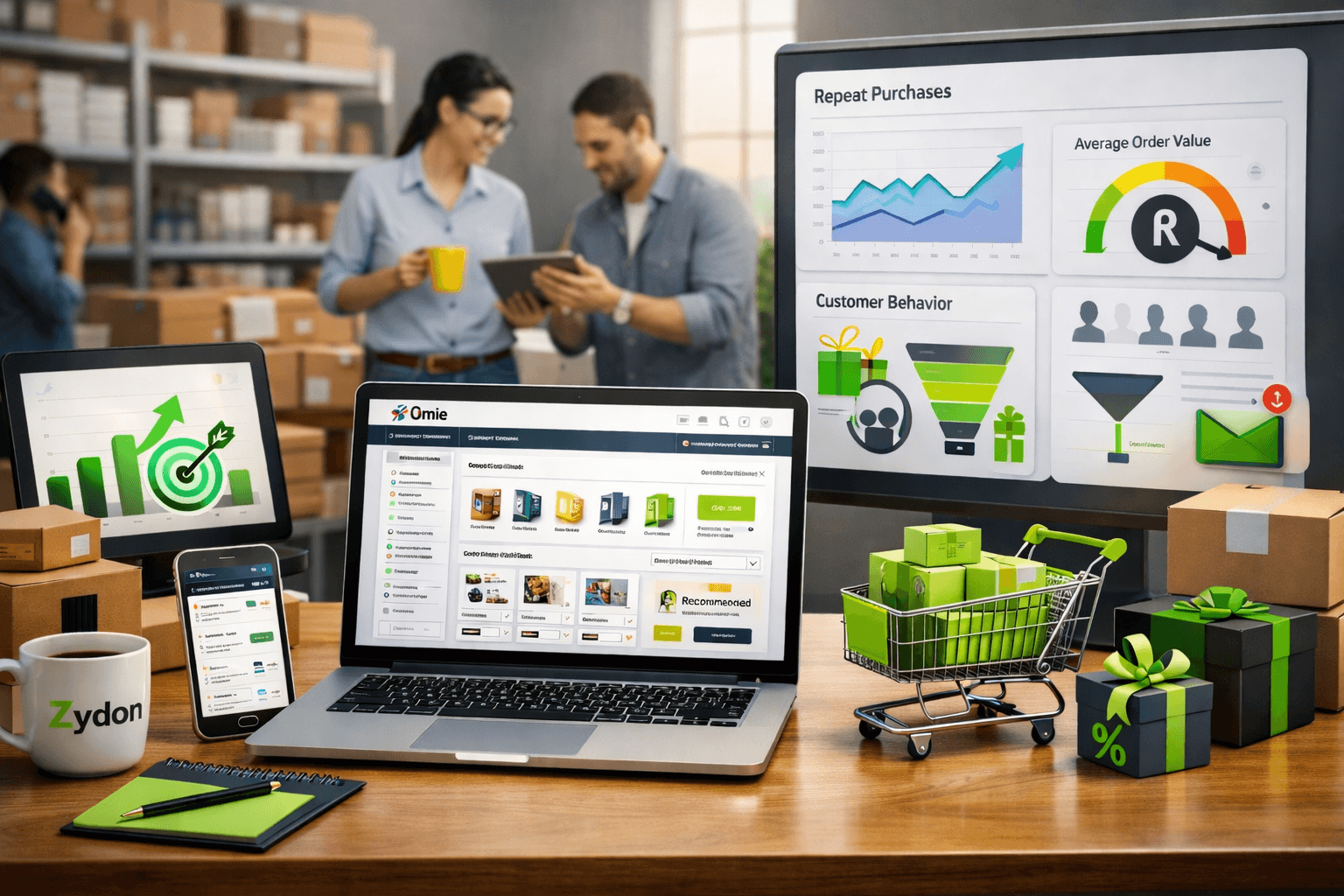 Cena em estilo 3D realista de um ambiente de escritório/logística B2B, com mesa de madeira e dispositivos digitais exibindo dashboards de vendas e comportamento de clientes. Elementos visuais como gráficos, funil de conversão, carrinho e embalagens aparecem em destaque, com ícones em verde vibrante (#cdeb00) e preto. Ao fundo, pessoas analisam dados e interagem com tablet. A composição transmite análise de recompra, aumento de ticket médio e gestão de clientes com base em dados, sem presença de texto na imagem.