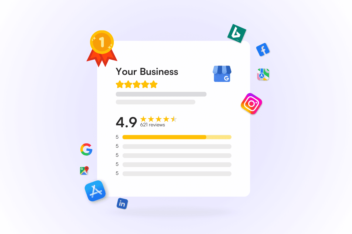 Illustration of a top-ranked business profile with a 4.9-star rating surrounded by icons for Google, Apple Maps, and Facebook, representing unified reputation management.