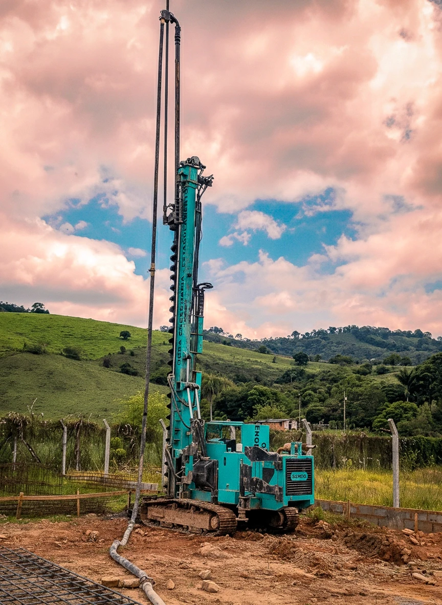 Máquina perfuratriz isolada em um terreno de terra batida, cercada por uma paisagem rural de colinas verdes e vegetação. O céu tem nuvens carregadas e esparsas.