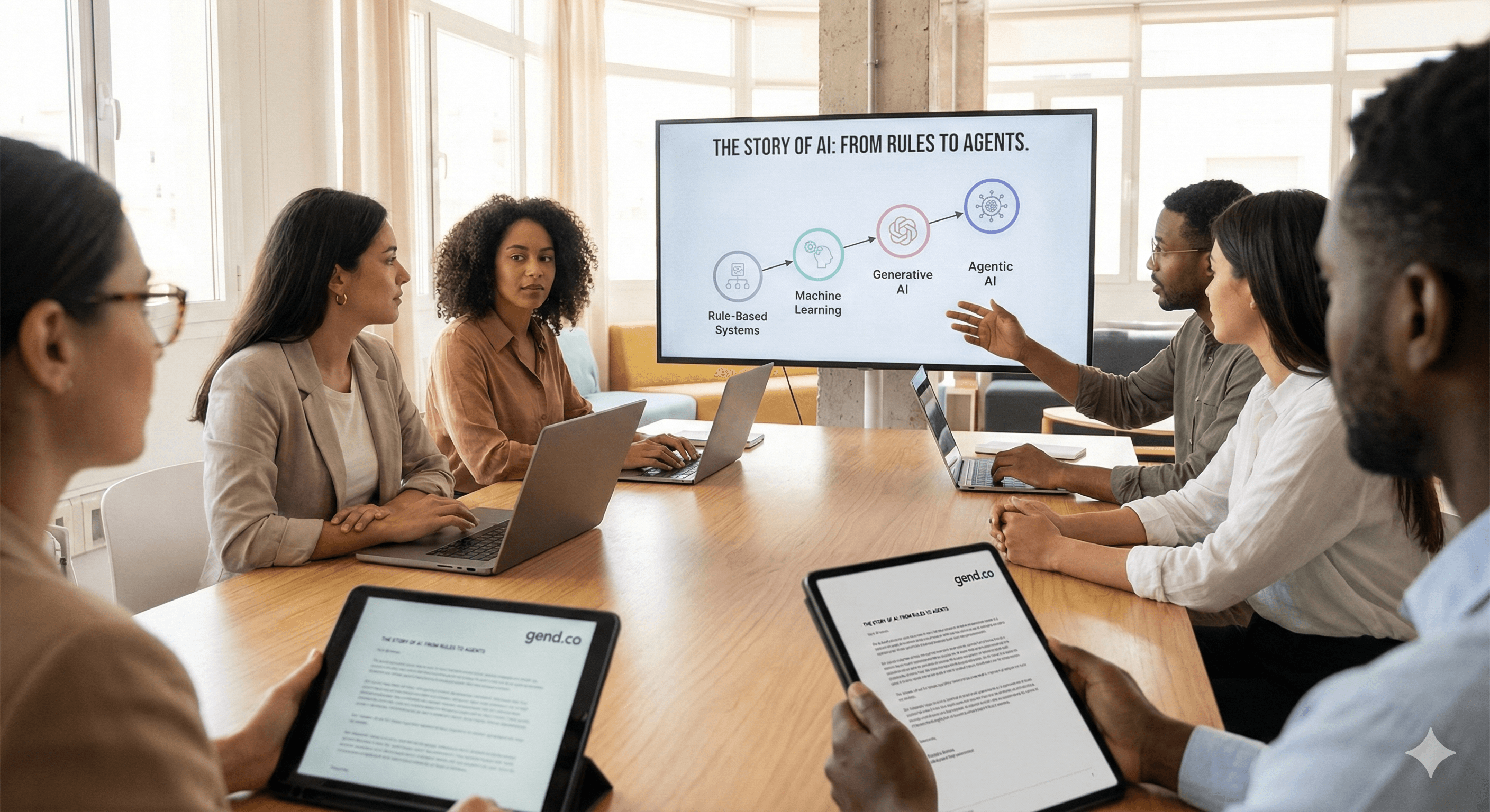 Six people in a modern office room attentively discuss a presentation titled "The Story of AI: From Rules to Agents" displayed on a screen, with laptops and tablets open around a wooden conference table.