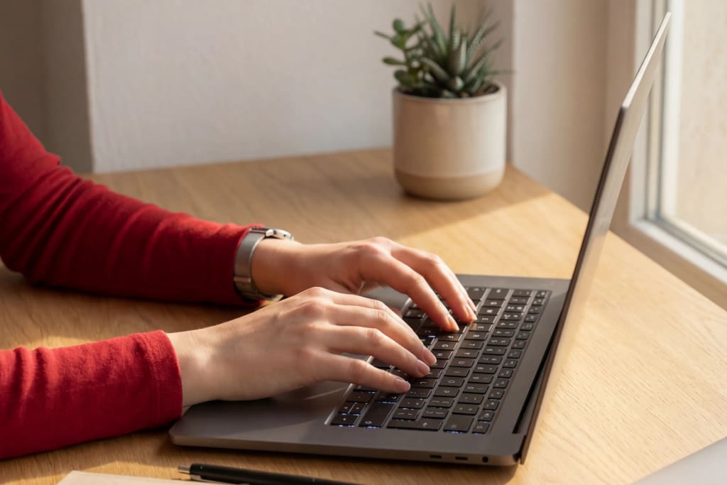 hands typing on laptop while using tenant screening software at a sunny home desk