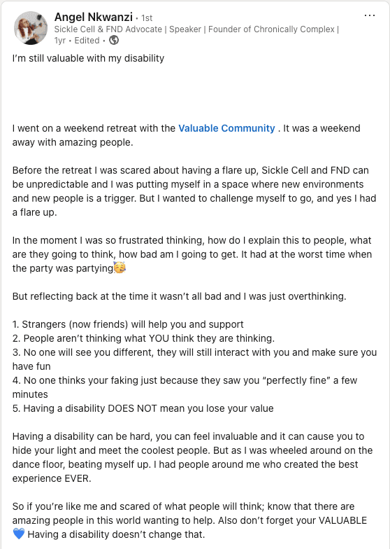 Screenshot of a LinkedIn post describing a participant’s experience at The Valuable Retreat, including positive feedback about the sessions and networking.