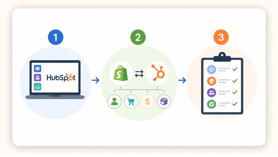 Three-step HubSpot setup flow: tools, integration, essentials checklist.