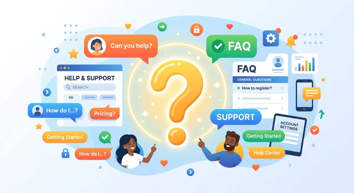 Friendly flat illustration of a large question mark surrounded by app interface elements and chat bubbles.