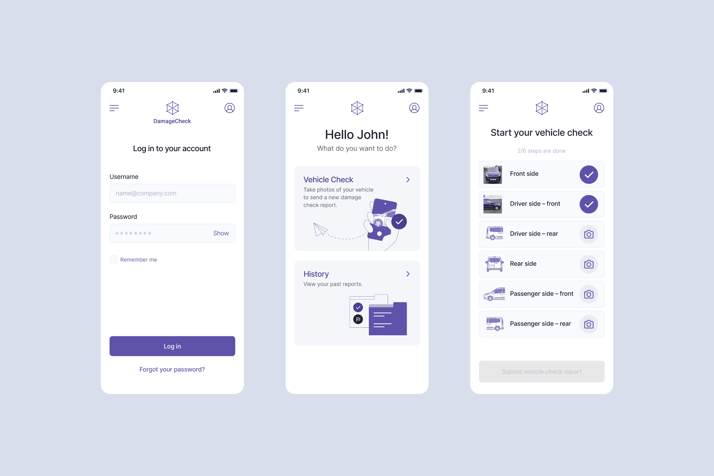 Three DamageCheck app screens showing the login screen, a home screen with vehicle check and history options, and the vehicle check flow listing six photo steps with two already completed.