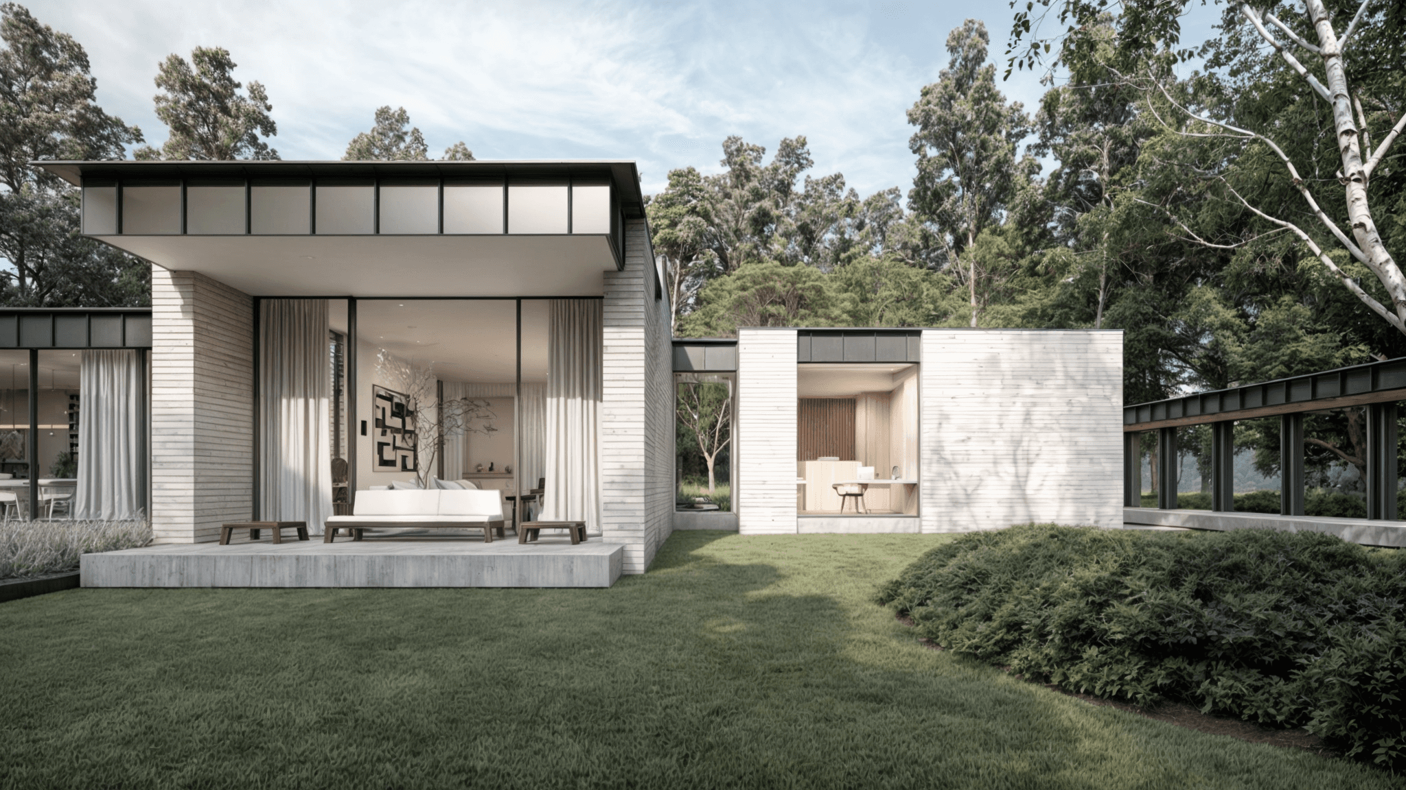 Moderne villa met overstekende kap en lichte gevel, gelegen in een groene tuin.