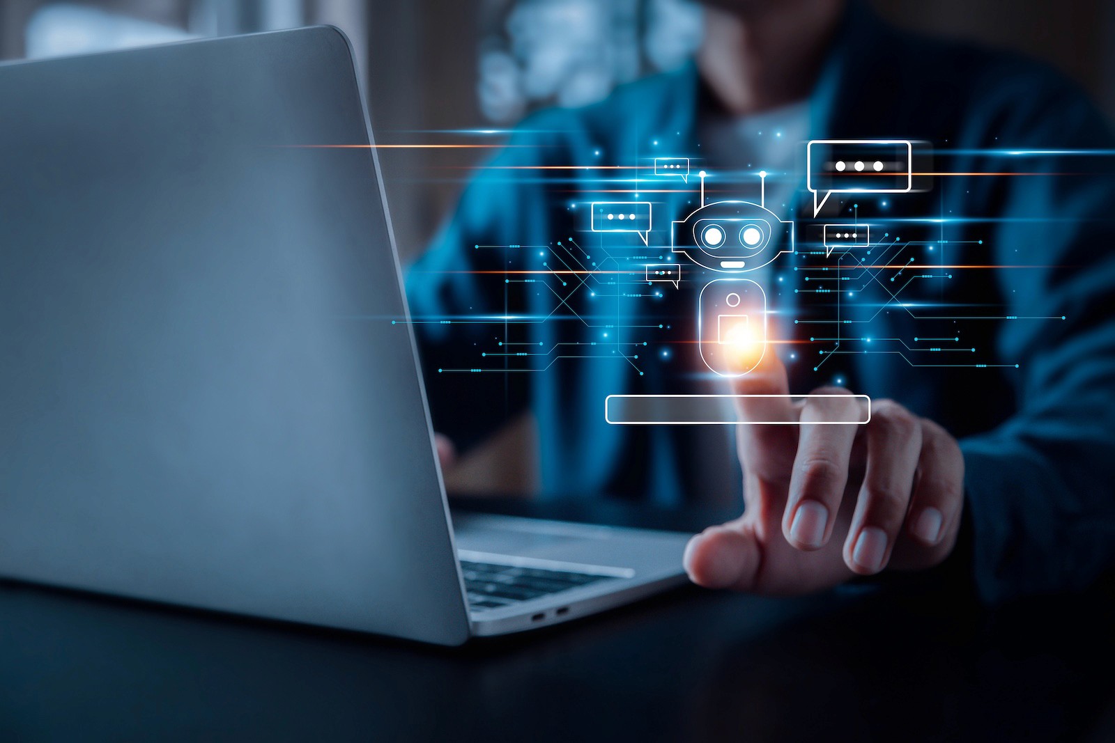 Chatbot chat AI concept, artificial intelligence Businessman touching digital chatbot for provide access to information and data in online network, robot application and global connection, AI, innovation and technology.