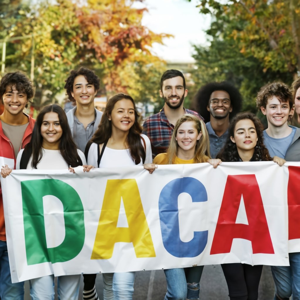 A diverse and vibrant group of young adults from different ethnicities standing together in solidarity, holding signs that support DACA. They are gathered in front of a symbolic American landmark, representing unity, hope, and the pursuit of the American dream.