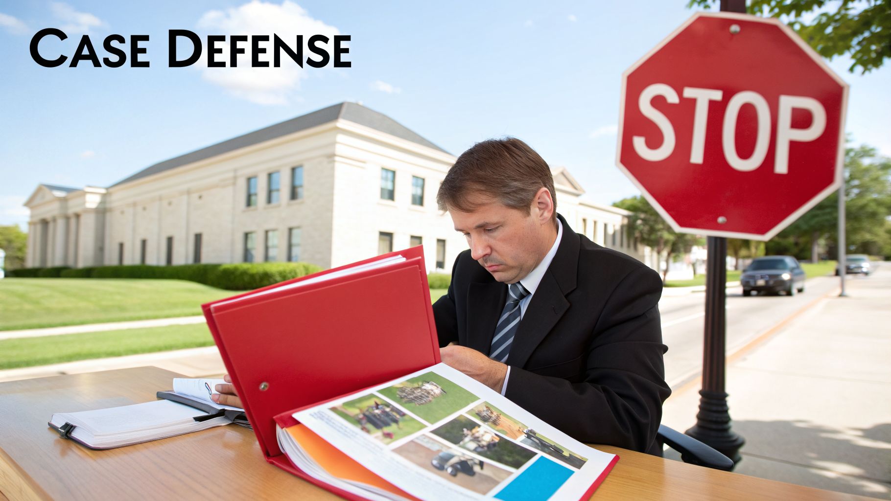 Man in suit reviews legal documents outdoors, with a red stop sign prominent on the right.