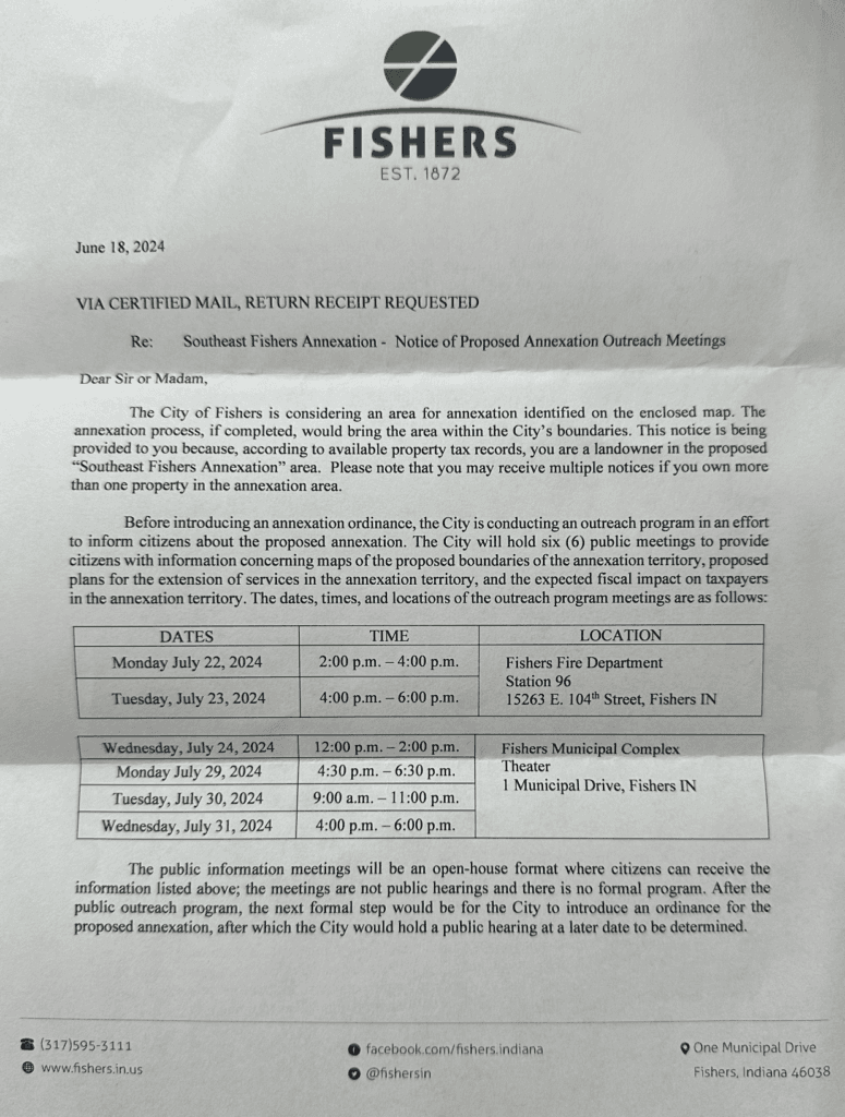 An image of the letter sent out to residents of southeast Fishers Fortville