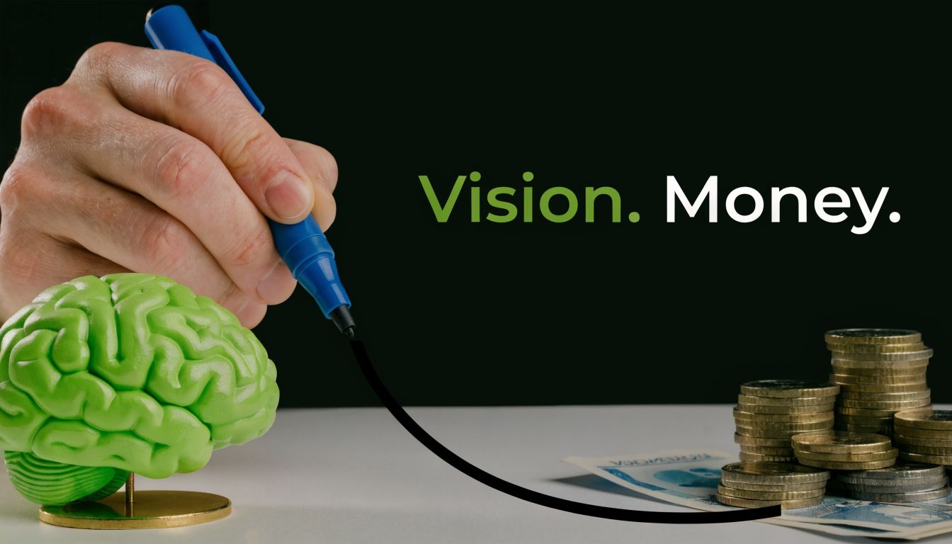A hand holding a blue marker draws a line connecting a green brain model to money.