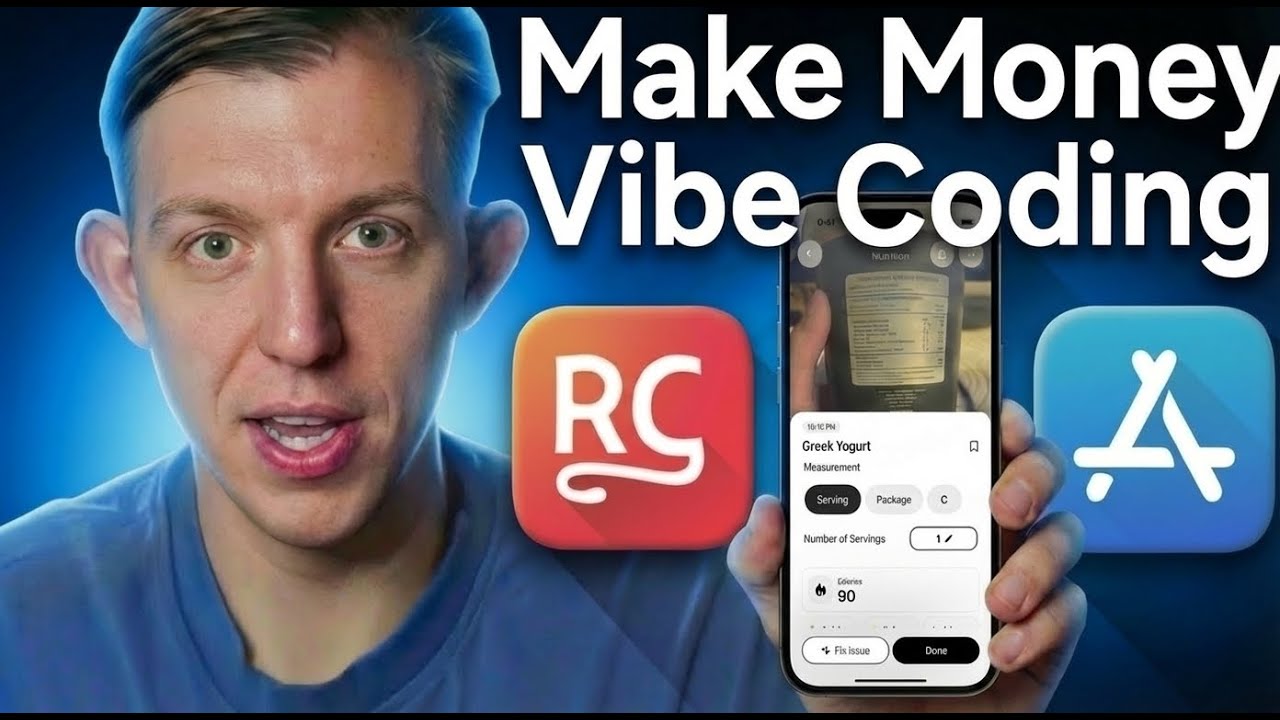 Riley Brown AI-style iOS app launch thumbnail with phone app UI and App Store icon