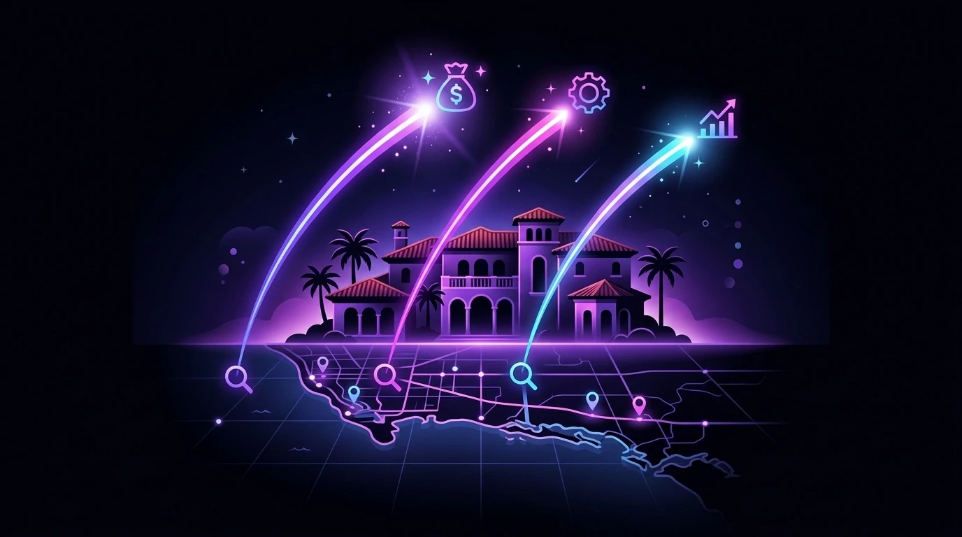 Unique cinematic digital illustration of luxury Naples homes, map grids, and glowing search growth lines in violet and magenta on a deep black background.